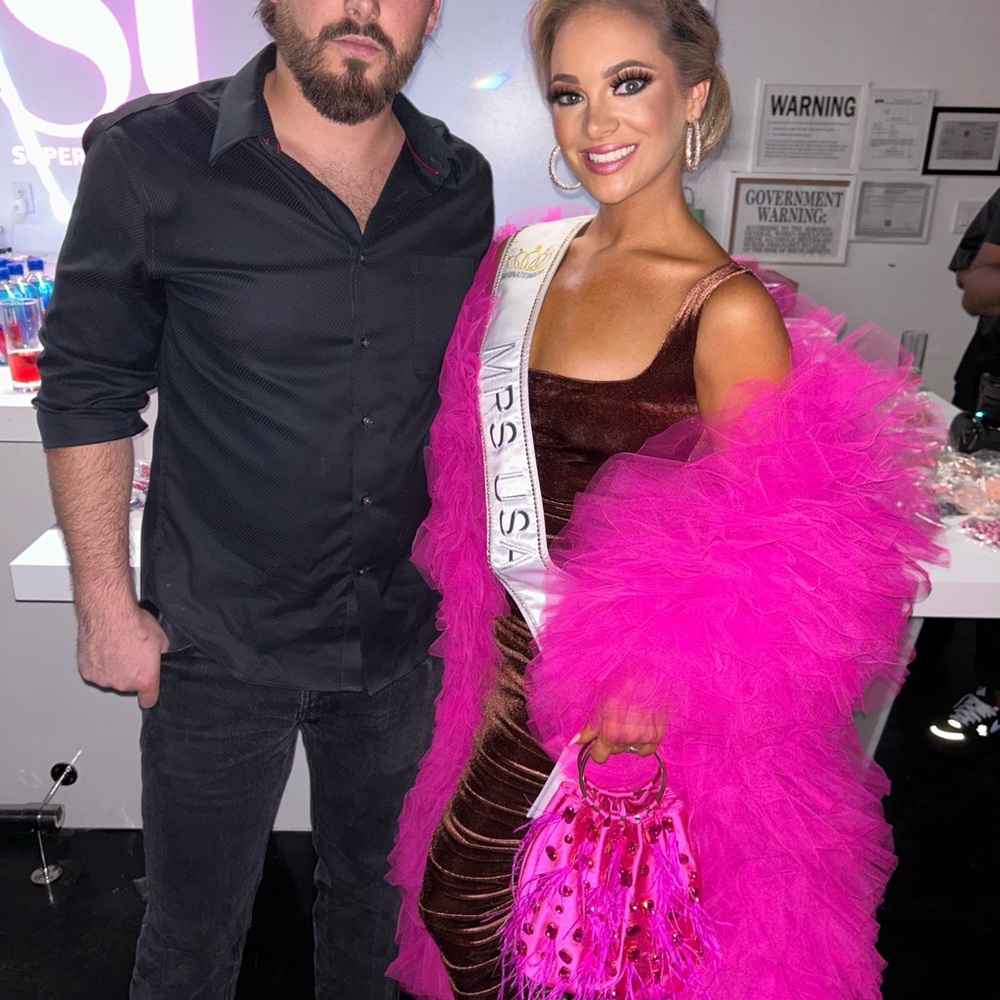 Custom Pink boa with Brown Velvet Dress gown pageant